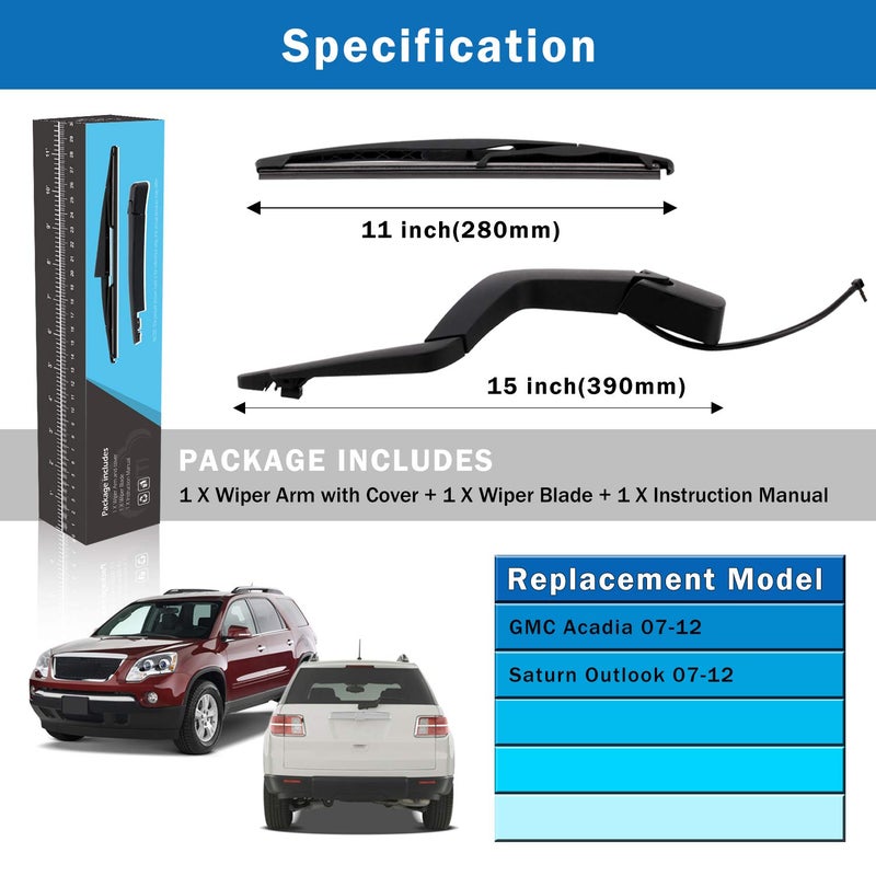 WTI Rear Wiper Arm Blade Set Compatible With GMC Acadia 2007-2012 / Compatible With Saturn Outlook 2007-2012 Rear Windshield Window Wiper Kits Assembly New Replacement Parts Fit 15276248 15276248 - Image 5